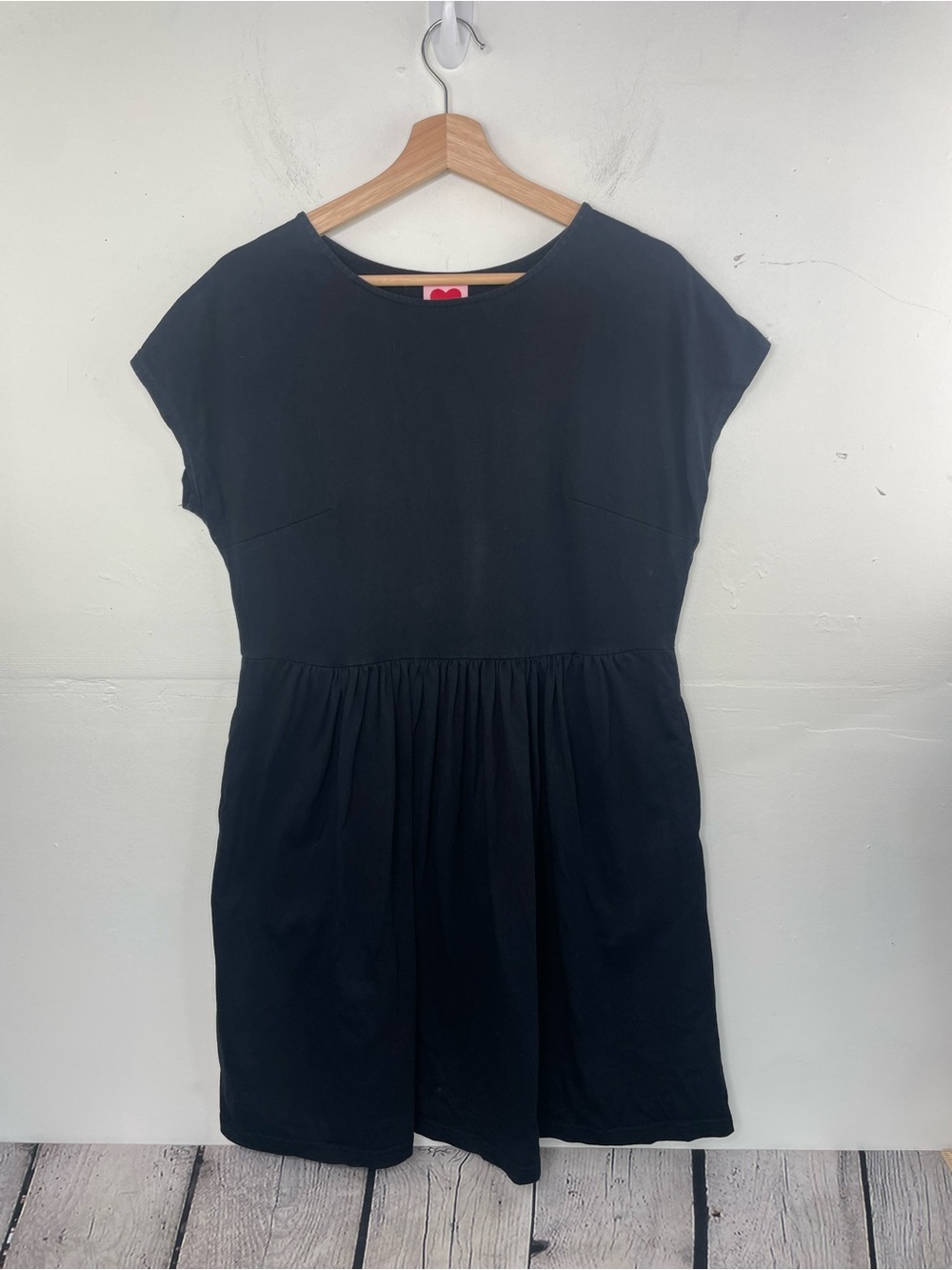Made 590 Black Cap Sleeve Babydoll Gathered Empire Waist Casual Mini Dress Small